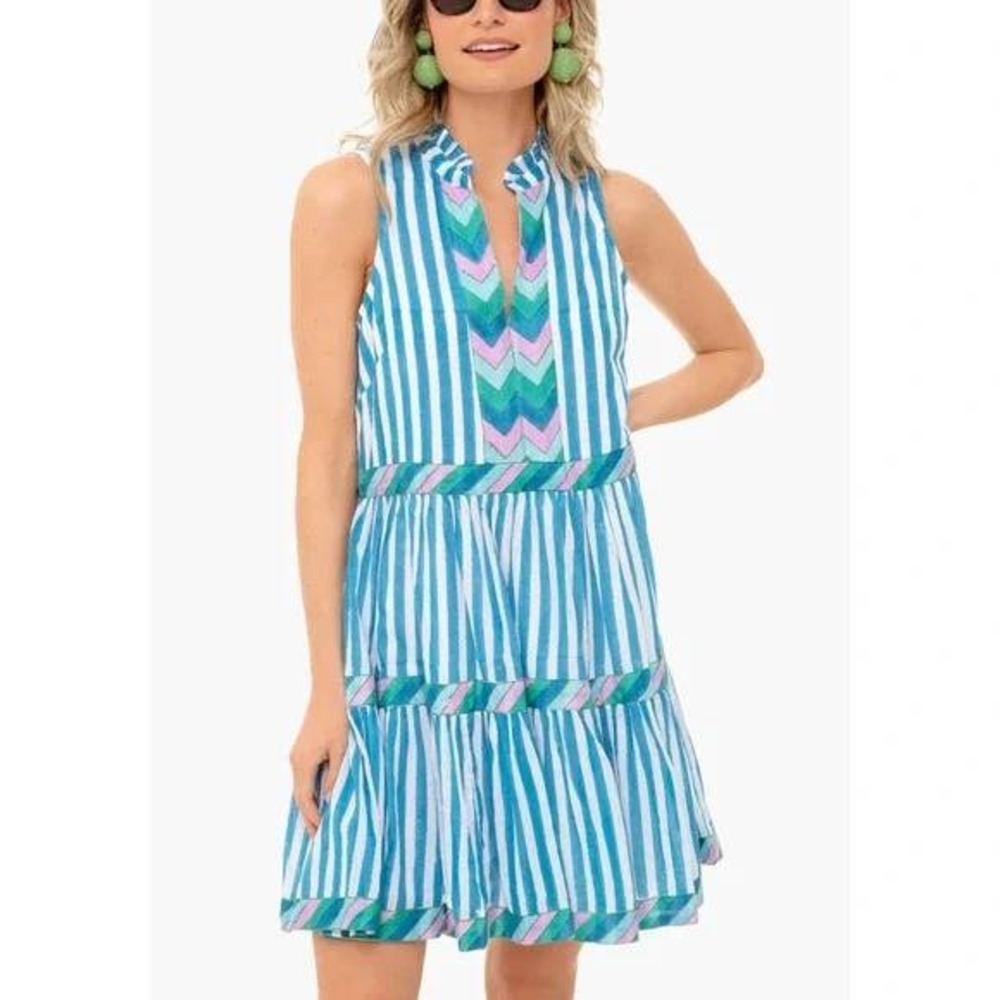 Oliphant Striped Tiered Mini Dress Womens S Blue White Blue Chevron Embroidered